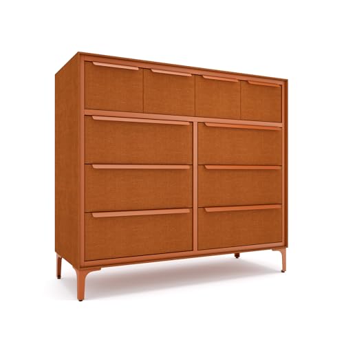 tinge Naima Premium Fabric Dresser - Strong Metal Frame, 10 Spacious Sag-Proof Drawers with Sleek Metal Handles - Premium & Durable Storage Solution for Your Home (Orange) - color: Golden Hour (Orange), size: 14"D x 39.2"W x 35.8"H (10 Drawers)