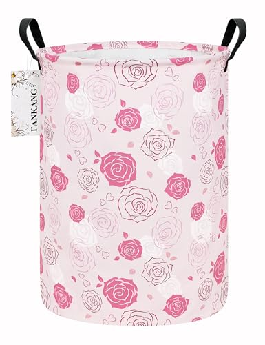 FANKANG Storage Basket, Nursery Hamper Canvas Laundry Basket Foldable with Waterproof PE Coating Large Storage Baskets for Kids Boys and Girls, Office, Bedroom, Clothes,Toys(Pink roses) - color: Pink roses