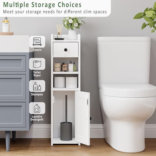 Lomojo Small Bathroom Storage Cabinet,Narrow Toilet Paper Holder,Corner Floor Cabinet with Doors and Drawer for Small Space,Adjustable Shelf Organizer,7.75L*7.75D*29.6H,White