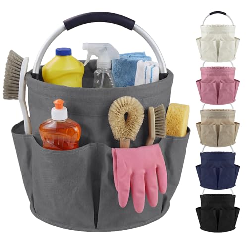 Cleaning Caddy with Handle and 6 Pockets, 17L Cleaning Supplies Organizer, 600D Oxford Fabric Storage Basket, Multifunctional Bucket Bag for Picnics, Camping, Gardening, Bathing (Grey) - color: Gray
