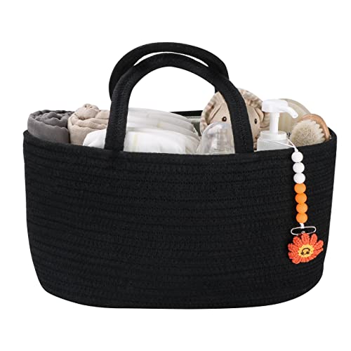 Baby Diaper Caddy Organizer for Girl Boy Cotton Rope Nursery Storage Bin Basket Portable Holder Tote Bag for Changing Table Car Travel Baby Shower Gifts Newborn Essentials Registry Must Haves Black - color: Black, size: Regular