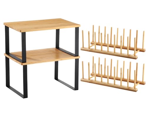 Marsui 4 Pcs Kitchen Organizer Accessories Set Cabinet Organizer Shelf and Bamboo Dish Drying Plate Rack Counter Shelves Storage Holder for Spice Rack, Dish, Pot Lid, Bowl, Cup(Light Color) - color: Light Color