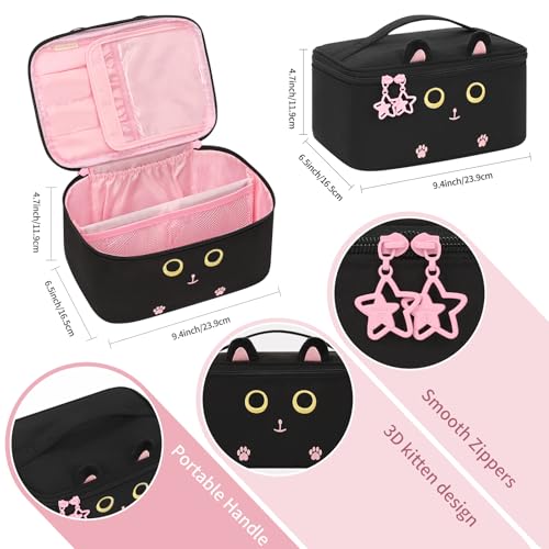 OCHEAL Makeup Bag,Travel Makeup Organizer Bag, Cute Cosmetic Bags for Women Girls Travel Toiletry Bag Traveling With Brush Slot And Divider-Cat - color: 0020_Black Cat, size: Medium