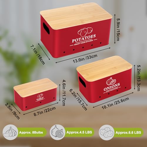 Kitchen Vegetable Storage Set of 3, Metal Onion Garlic Potato Storage Set, Kitchen Canisters Vegetable Keeper Containers with Aerating Holes and Wooden Lid (Red) - color: Red