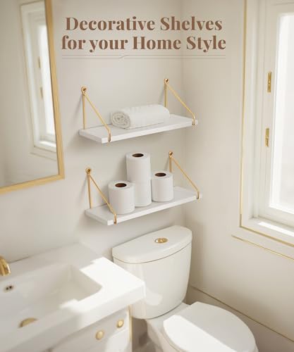 Afuly Floating Shelves for Wall, Metallic Gold White Wall Mounted Shelves, Shelves for Bathroom Kitchen Bedroom Solid Wood Metal Chic Bookshelf, Set of 2 - color: White & Gold, size: 5.7"D x 16.5"W
