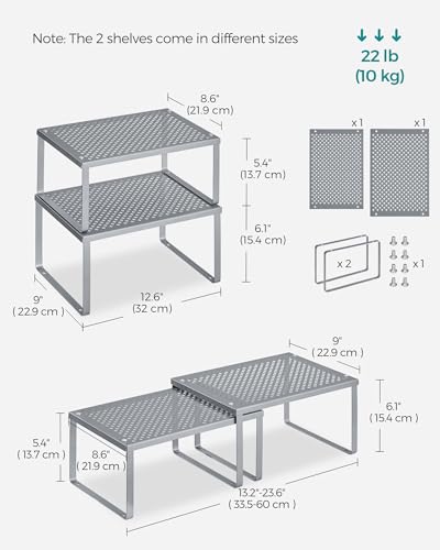 SONGMICS Spice Racks, Set of 4 Metal Cabinet Shelf Organizers, Countertop Organizers, Shelf Risers, Stackable, Expandable, Silver UKCS006S01 - color: Silver