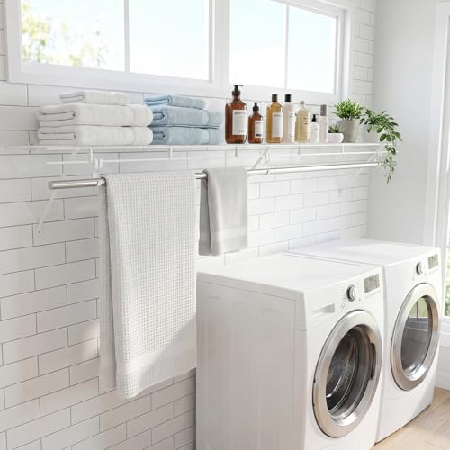 Giantex Closet Shelf with Hanging Rod, 6 ft Wall Mounted Wire Shelving Kit with Storage Shelf & Clothes Rod, Ventilated Metal Wall Shelf Organizer for Laundry Room, Closet, Bedroom, White - size: 6 ft