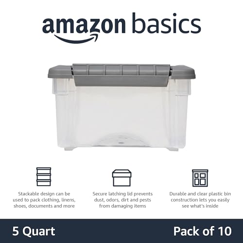 Amazon Basics Plastic Storage Containers with Secure Latching Lids, Stackable Organization Bins for Organizing, Clear/Grey, 5 Quart, Set of 10 - size: 5 Qt. - 10 Pack
