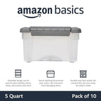 Amazon Basics Plastic Storage Containers with Secure Latching Lids, Stackable Organization Bins for Organizing, Clear/Grey, 5 Quart, Set of 10 - size: 5 Qt. - 10 Pack