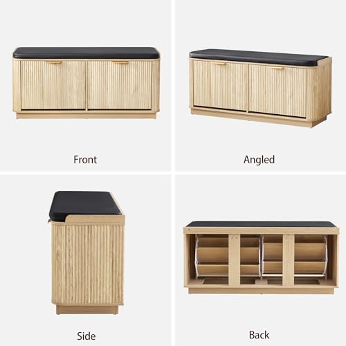 Fluted 3-Tier Entryway Shoe Bench with Drawers and Adjustable Shelves, 43.3'' Wide Shoe Storage Bench with Cushion Seat for Entrance, Hallway, Living Room, End of Bed - Natural - size: Drawer-natural