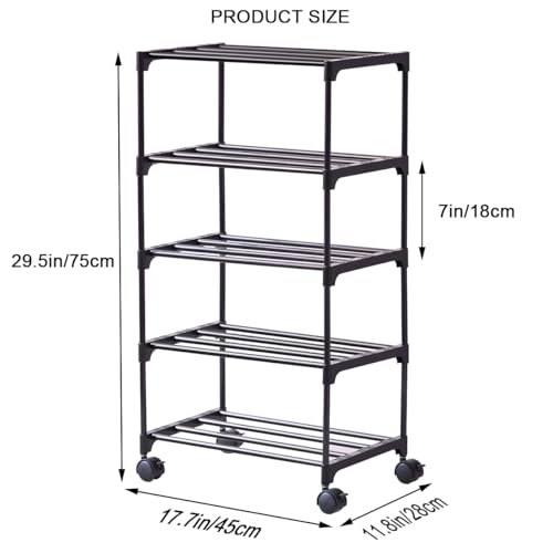5-Tier Small Shoe Rack with Wheels, Slide-Out Metal Shoe Racks Storage, Anti-Rust Coating, Stackable Design - 16.9W for Entryway, Kitchen, Living Room & Office - Black
