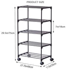 5-Tier Small Shoe Rack with Wheels, Slide-Out Metal Shoe Racks Storage, Anti-Rust Coating, Stackable Design - 16.9W for Entryway, Kitchen, Living Room & Office - Black