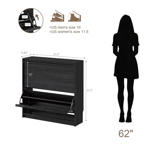 Shoe Cabinet with 2 Flip Drawers, Modern Narrow Shoe Storage Cabinet Organizer with Adjustable Shelf, Hidden Freestanding Shoe Rack for Entryway, Hallway, Living Room, Black - color: Black, size: 9.45"D x 31.5"W x 31.5"H(2 drawers)