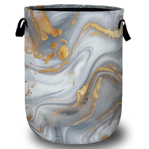 White Gold Marble Laundry Basket, Laundry Hamper Collapsible Oxford Cloth with Handle Clothes Toy Storage Bin for Bathroom Laundry Room Bedroom 15.7 X 20 Inch - color: White Gold Marble