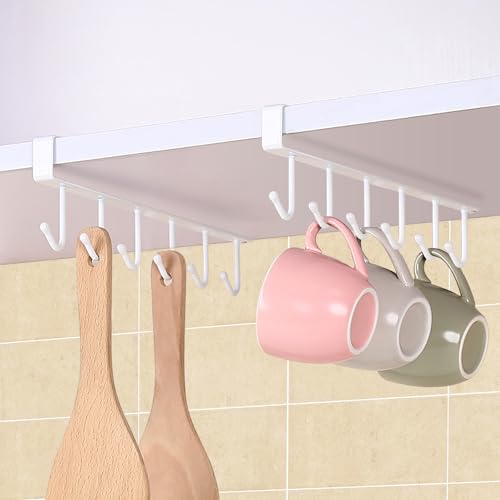 Cup Holder Under Cupboard,Kitchen Under Cabinet Utensils Hanging Hooks Rack, Drilling Free Cabinet Door Hanging Hook Rack,6 Hooks Kitchen Storage Utensil Organizer Hook Rack,2 Pack (White) - color: White 2pcs