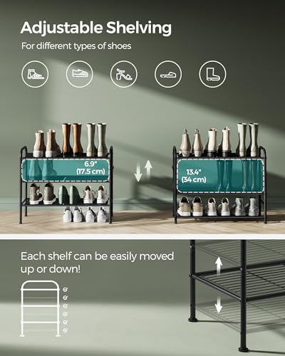 SONGMICS Shoe Rack, 3-Tier Shoe Organizer, Metal Shoe Shelf Storage with 4 Side Hooks, Holds 12 Pairs of Shoes, Height-Adjustable Shoe Rack for Entryway, Hallway, Closet, Ink Black ULMR068B01 - color: Ink Black, size: 3 Tiers (26.7"W)