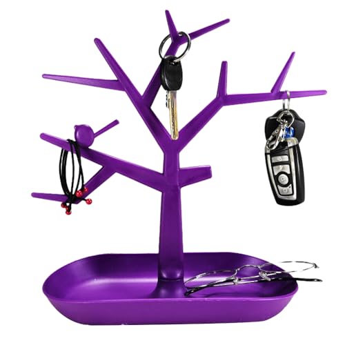 OULIGET Tabletop Key Holder Stand Tree Key Rack,Stand Jewelry Display Necklace Ring Earring Holder Rack,Jewelry Organizer Tray Home Decor for Home Entryway (Purple) - color: Purple
