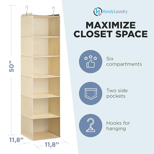 Handy Laundry Hanging Closet Organizer - 6 Shelf Storage for Clothes, Sweaters, Shoes & Accessories - Space-Saving Wardrobe Shelves with Hooks for Dorm, RV & Small Closet Organization (Beige) - color: Beige