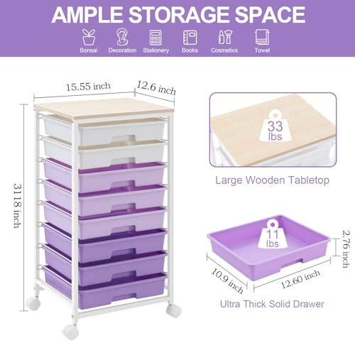 SYKIARIOL Rolling Cart with Drawers,Utility Cart With 8 Drawers and Wooden Tabletop for Living Room,Classroom,Bedroom,Bathroom,Dorm,Office,Purple - color: Purple