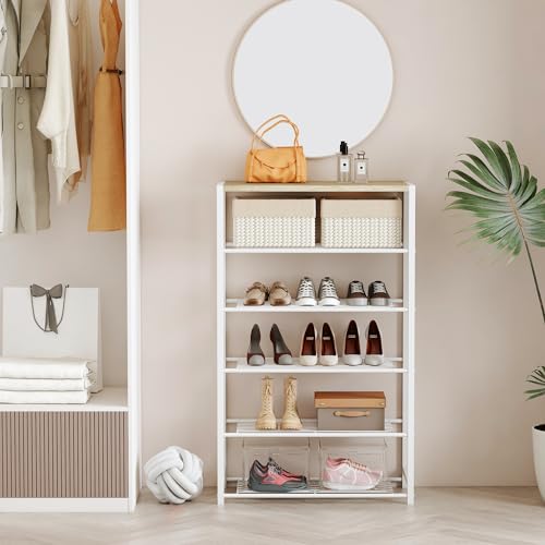 Yusong Shoe Rack Organizer, 6 Tier Industrial Shoe Storage Shelf, Narrow Sturdy Metal Shoe Shelves for Closet Entryway, White - color: White, size: 6 Tier