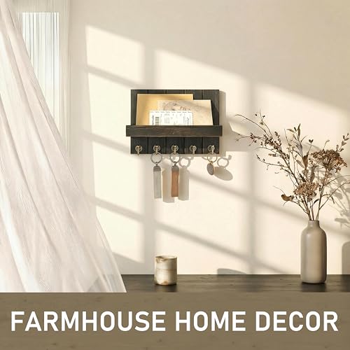 Rebee Vision Pine Wood Key Holder Wall Mount with Floating Shelf – Farmhouse Key Holder for Wall to Maximize Storage Solutions – Mail Organizer for Office Decor (3.54" x 10" x 7.28", Distressed Black) - color: Distressed Black, size: 10 Inch
