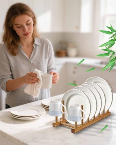 Bamboo Dish Rack, Stylish Vertical Wooden Plate Holder & Drainer, Multi-Purpose Kitchen Cabinet Organizer for Dishes, Pots, Lids, Bowls, Cups & Cutting Boards
