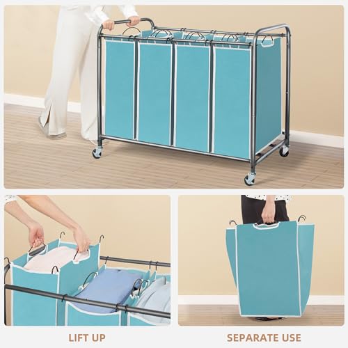 STORAGE MANIAC Laundry Sorter 4 Section, 47.8 Gal (181 L) Laundry Hamper with Wheels, Clothes Divider Basket Sorter, Clothes Separator Hamper Cart with Wheels and Removable Bags, Blue - color: Blue, size: 4 Section