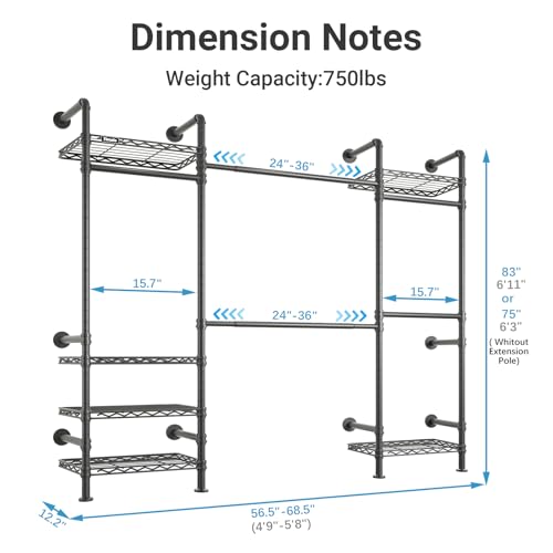 Timate F3 Medium Wall Mounted Clothes rack Expandable Closet, Industrial Pipe Clothing Rack for Hanging Clothes, Heavy Duty Clothes Rack with Shelves, Garment Rack Wall Closet System Black Pipe Closet - color: Black, size: F3 Medium