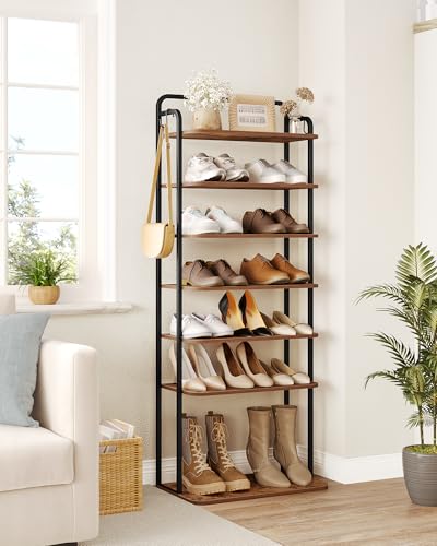 Hzuaneri 8 Tiers Widened Vertical Shoe Rack, Narrow Shoe Tower, Tall Shoes Shelf with 2 Hooks, Adjustable Shelves, Corner Shoes Shelves for Small Spaces, Entryway, Living Room, Rustic Brown SR12501B - color: Rustic Brown and Black, size: 8 Tier(11.8"D x 1