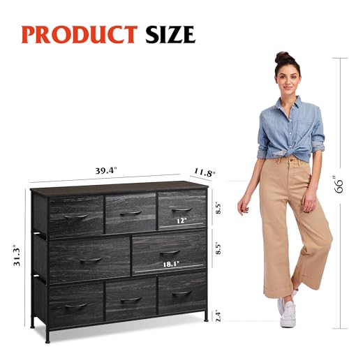 WLIVE 8 Drawer Dresser for Bedroom, Fabric Black Dresser with Large Storage Drawer Unit for Entryway, Chest of Drawers for Living Room - color: Charcoal Black Wood Grain Print, style: Large 8 Drawers