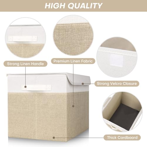 Bagnizer Large 42 Quarts Fabric Storage Bins with Lids [2-Pack] Linen Collapsible Foldable Baskets, Closet Organizer Containers boxes with Handles for Home Office (16.7 x 12 x 12, Beige & White) - color: Beige & White, size: Large - 2 Pack