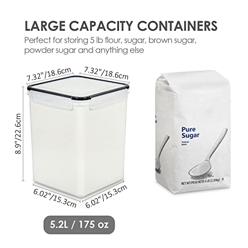 Vtopmart 4 PCS Large Food Storage Containers 5.2L / 175oz, 4 Pieces BPA Free Plastic Airtight Canisters for Flour, Sugar, Baking Supplies, Rice with Lids, 4 Measuring Cups and 24 Labels, Black - color: Black, size: 5.2L