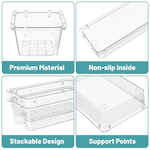 WOWBOX 40 PCS Clear Plastic Drawer Organizer Set, 4 Sizes Desk Drawer Organization and Storage Containers for Makeup, Cosmetics, Jewelry and Gadgets in Kitchen, Bathroom, Bedroom, Office, Clear - color: Clear, size: 40 PCS