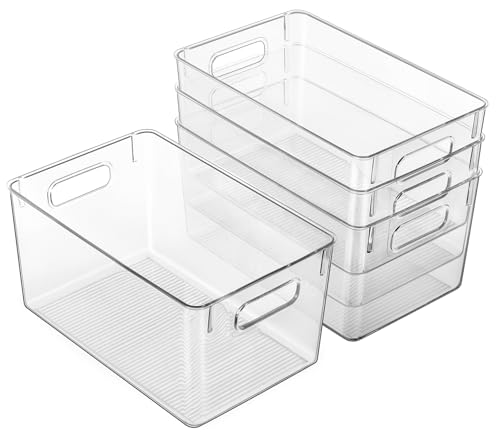 Hudgan Set of 4 Clear Plastic Storage Bins, 4 Large Storage Containers for Pantry Organizers, Home Edit, Kitchen Cabinet, Refrigerator, Under Sink Organization, Bathroom, Office - size: 4L