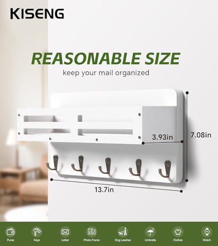 Key Holder Wall Mount Farmhouse Key Hooks for Wall with Mail Organizer Decorative Key Rack with 5 Sturdy Hooks for Dog Leash, Sunglasses, Rustic, Paulownia Key Hanger for Entryway - color: White, size: 13.7IN