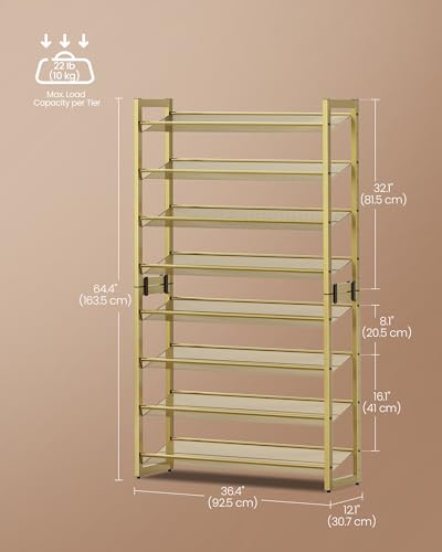 SONGMICS Shoe Rack, 8-Tier Shoe Organizer, Metal Rack for Garage, Set of 2, 4-Tier Stackable Shelf, with Adjustable Flat or Angled Shelves, 32-40 Pairs, Pale Gold ULMR08A02 - color: Pale Gold, size: 8 Tiers (36.4"W)