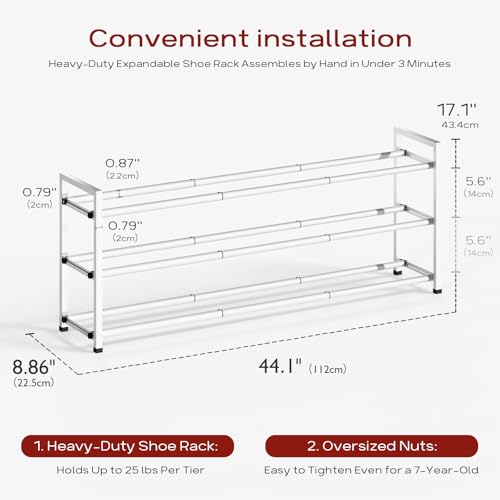 Bumusty 3-Tier Long Expandable Shoe Rack for Closet, 18"-44" Adjustable Shoe Rack for Entryway, 15-18 Pairs Large Shoe Organizer Shelf Storage, Sturdy Metal, White - color: White, size: 3-Tier