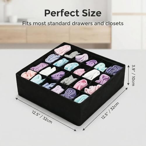 Sock Drawer Organizer Divider, 24 Cell Foldable Closet Underwear Storage Boxes, Fabric Dresser Drawer Dividers for Clothes, Socks, Lingerie, Ties, Belts, Baby Clothing - Black