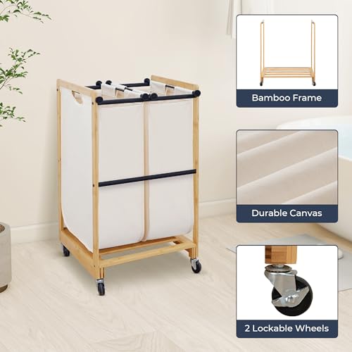 STO STO 2-Section Laundry Sorter with Bamboo Frame, Rolling Laundry Hamper Basket with Removable Bags and Lockable Wheels, Laundry Cart for Clothes Storage in Bedroom & Laundry Room, Beige - size: 2-Section