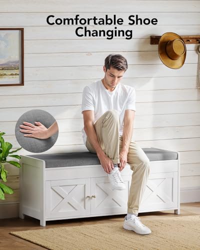 Pipishell Shoe Storage Bench, 2-Tier Shoe Bench with Cushioned Seat, Entryway Bench with Adjustable Shelf & Barn Doors, 300 lbs Capacity, 39.4" x 15" x 18", for Entryway, Bedroom, Living Room, White - color: White, size: 3 doors- 39.4" W x 15" D x 18" H