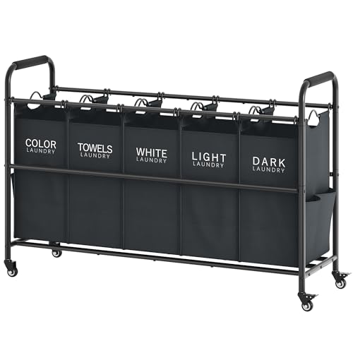 Tajsoon 5 Bag Laundry Sorter Cart, 5 Section Laundry Hamper with Heavy Duty Rolling Lockable Wheels, Laundry Basket Organizer with Removable Bags for Dirty Clothes Storage, Black - color: Black