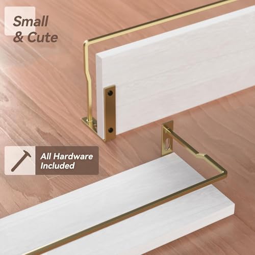 RICHER HOUSE Bathroom Shelves, Small Floating Wall Shelf for Bathroom Decor, Wall Mounted Wood Shelves, Bathroom Organizer Over Toilet Storage, Guard-Rail Kitchen Shelves Set of 2 - White Gold - color: White & Gold