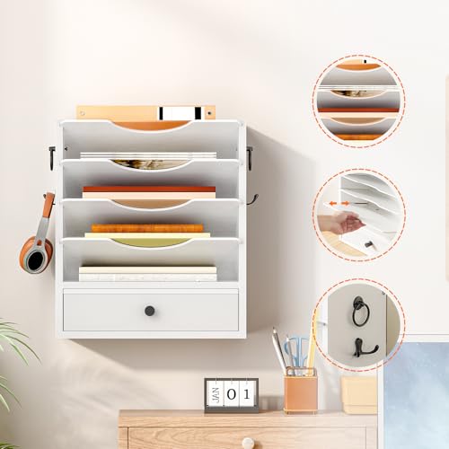 HOOBRO Wall File Organizer, Mail Organizer Wall Mounted, Wooden Literature Organizer, Construction Paper Organizer with Drawer Storage and 2 Hooks, for Office, Classroom, Home, White WT14WF01 - color: White
