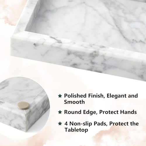 Real Natural Small Marble Tray for Bathroom, Vanity, Kitchen and Desktop, Rectangle Genuine Marble Stone Tray for Jewelry, Cosmetics, Candles, Lotion, Perfume and Home Decor (White, 12" x 5" x 1.2") - color: White, size: 12" x 5" x 1.2"