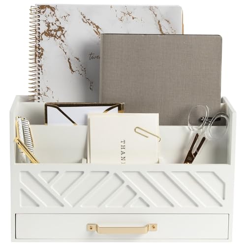 BLU MONACO | White Wooden Mail Organizer with Drawer & Gold Handle | Mail Sorter Organizer Countertop | Tabletop Organizer with Drawers & Outgoing Mail Holder - color: White with Gold Handle