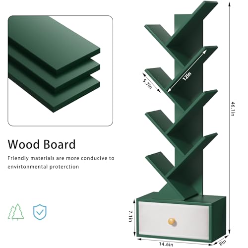 SHEEPAM 8 Tier Tree Bookshelf with Drawer, Free Standing Wood Green Bookcase for Narrow Space, Storage Organizer Bookshelves for Books, Book Case for Home Office, Living Room, Bedroom - color: Christmas Green, size: 8 Tier