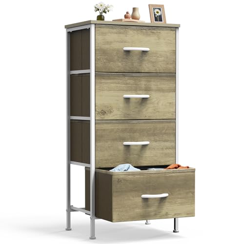 DUMOS Nightstand with 4 Drawers Bedside Table with Removable Fabric Bins Sturdy Steel Frame Wood Top Organizer Furniture for Bedroom Closet Living Room,Oak Greige - color: Oak Greige, size: 11.82"D x 17.71"W x 37.4"H (4 Drawers)