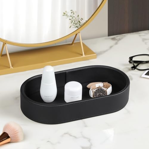 Oval Desk Valet Tray, PU Leather Perfume Dish Bowl for Keys Wallet Watch, Decorative Trinket Vanity Jewelry Tray, Entryway Nightstand Organizer Women Men (Black) - color: Black