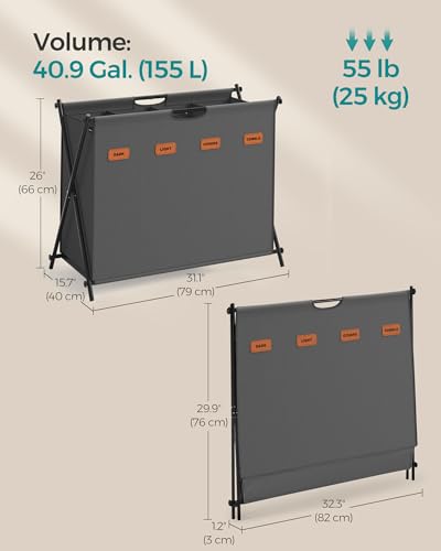 SONGMICS Laundry Hamper, Laundry Basket, 40.9 Gal. Laundry Sorter 4 Sections, Collapsible X-Frame, Clothes Organizer with Customizable Labels, Laundry Room, Bedroom, Bathroom, Slate Gray ULCB140G01 - color: Slate Gray, size: 155 L