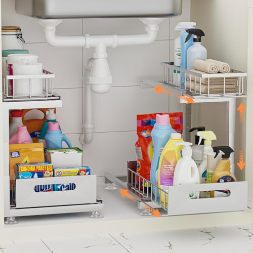 Under Sink Organizer, Heavy Duty Metal Pull Out Cabinet Organizer Slide Out Sink Shelf Organizer Height Adjustable, Multi-Purpose Storage Shelf for Kitchen Bathroom(Sliver,2Pack) - color: Silver, size: 2 Pack